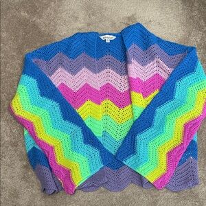 DAVI & DANI Rainbow Chevron Crochet Open Cardigan - Blue/Pink/Green/Yellow
